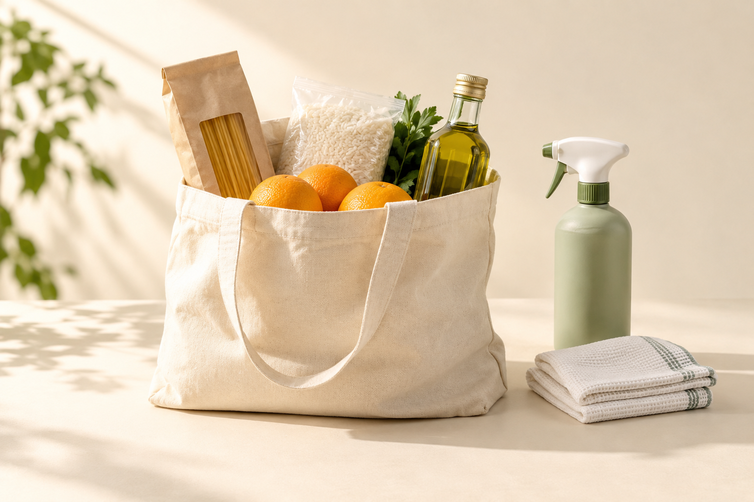 Bolsa con básicos de despensa y artículos de limpieza, imagen ilustrativa